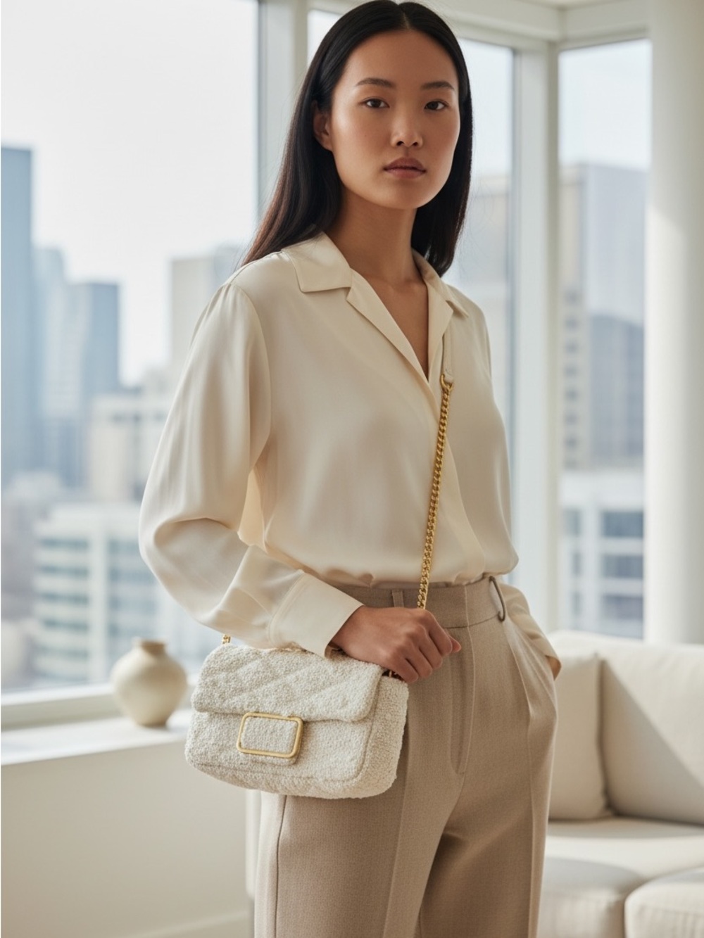 Mango Cream Bouclé Tweed Gold Chain Shoulder Bag NWT